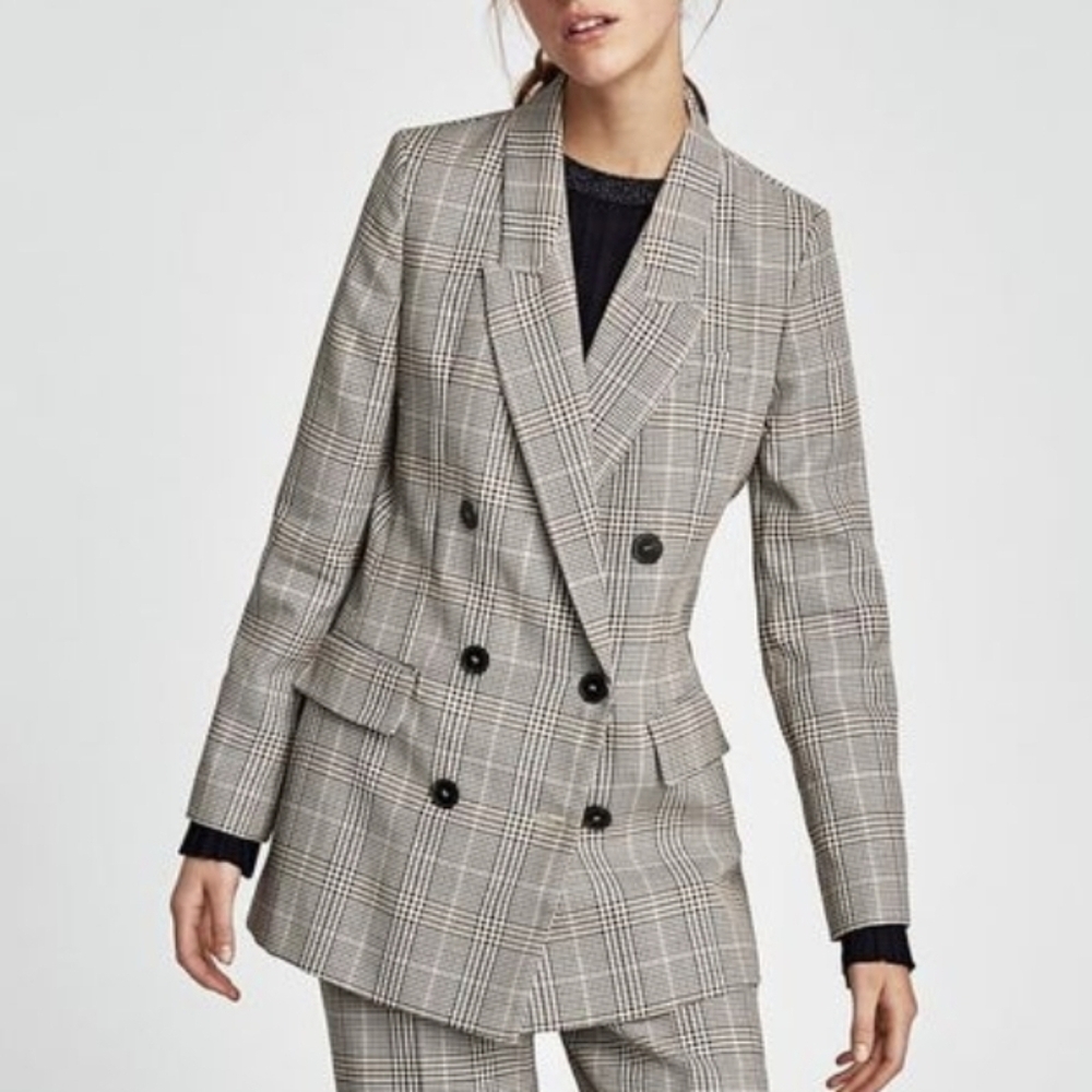Zara Plaid Double-Breasted Blazer